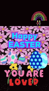 a happy easter greeting card with pink flowers and easter eggs