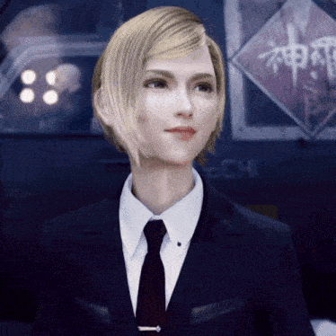 a woman in a suit and tie is standing in front of a sign that says " chi "