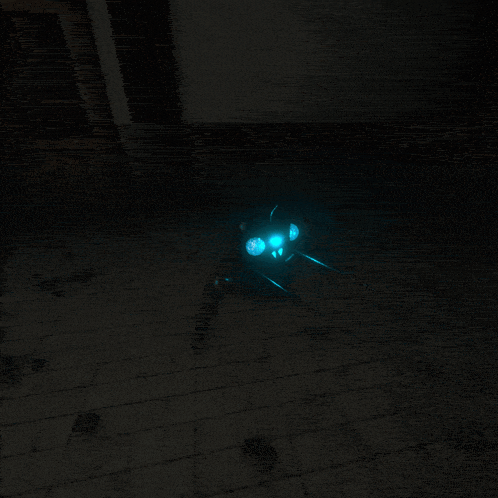 a glowing blue spider is sitting on a tiled floor