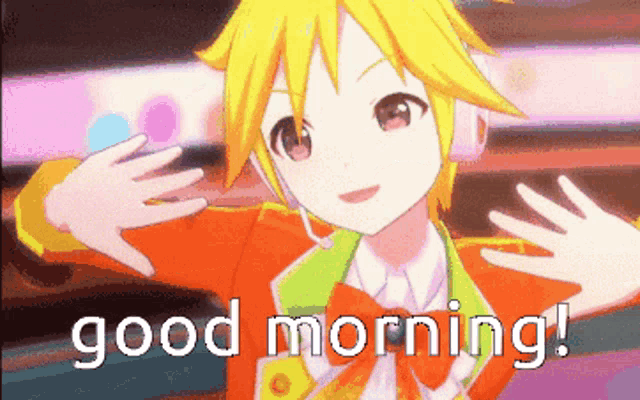 a cartoon character says " good morning " in a pixelated image