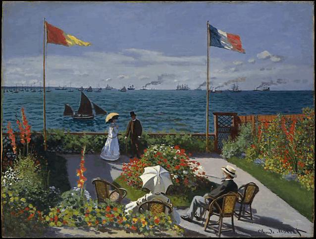 a painting of people sitting in chairs with umbrellas in front of the ocean
