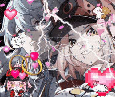 a couple of anime characters are surrounded by hearts and other icons