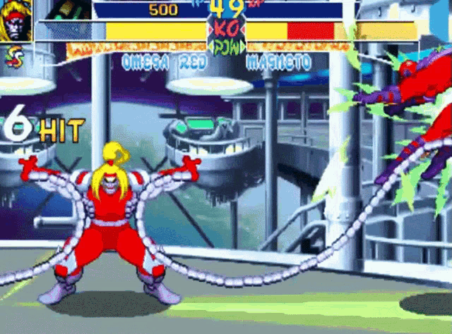 a video game with omega red fighting magneto