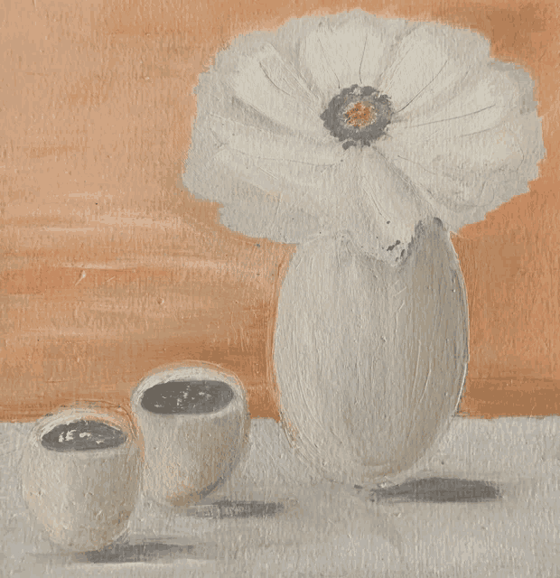 a painting of a flower in a vase with two cups