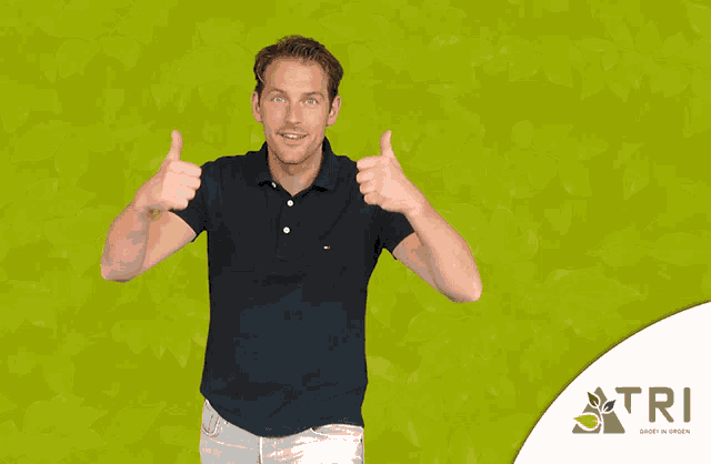 a man giving a thumbs up in front of a green background with the word tri