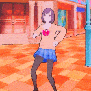 a girl in a school uniform is dancing in a video game while standing on a tiled floor .