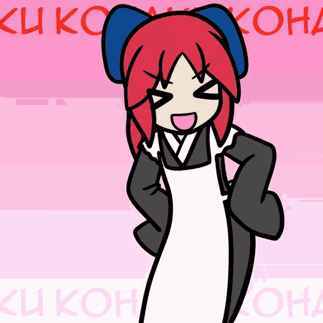 a cartoon drawing of a girl with red hair and a white apron on a pink background that says ku koh koha
