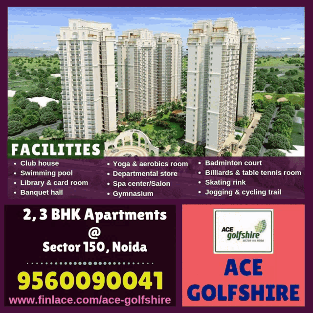 an advertisement for ace golfshire features a club house swimming pool and badminton court