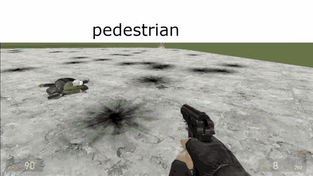 a person holding a gun with the word pedestrian on the bottom