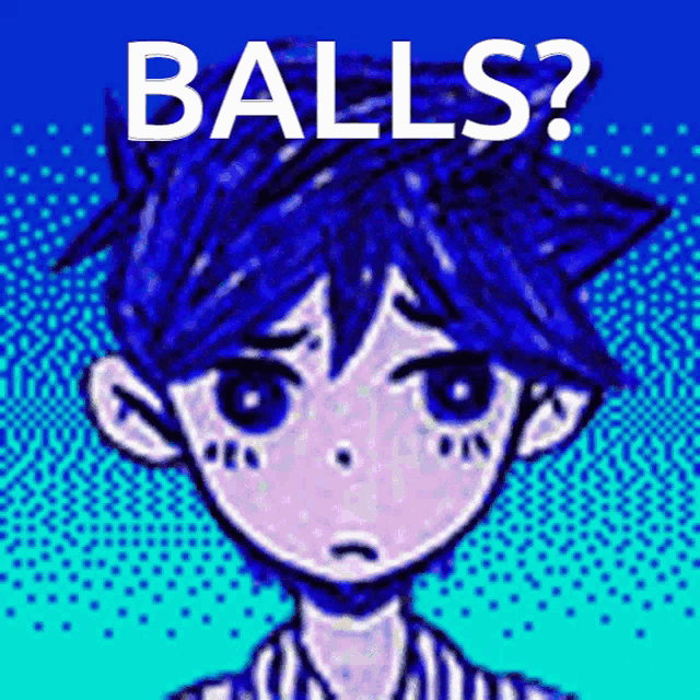 a pixel art of a boy with blue hair and the words balls