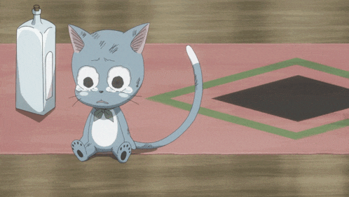 a cartoon cat with a bow tie is sitting on a rug next to a bottle