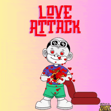 a cartoon character is surrounded by red hearts with the words love attack above him