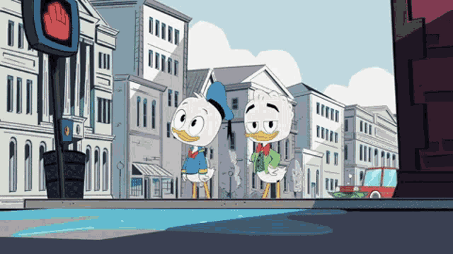 two cartoon ducks are standing on a sidewalk in front of buildings