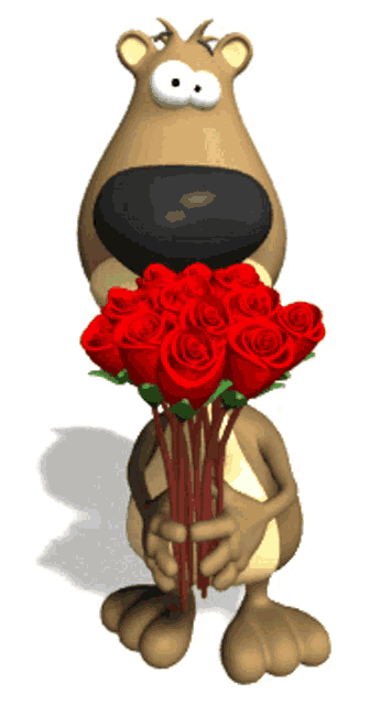 a cartoon bear holds a bouquet of red roses