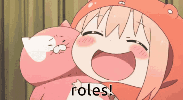 a cartoon girl is holding a stuffed animal and the word roles is visible