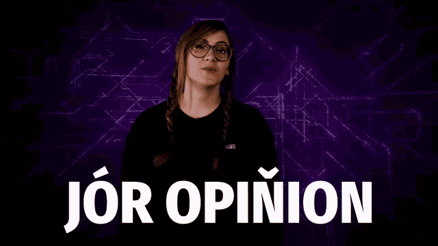 a woman wearing glasses stands in front of a purple background that says " jor opinion "