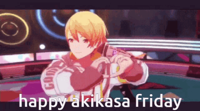 a cartoon character is making a heart shape with his hands and the words `` happy akikasa friday '' written below him .