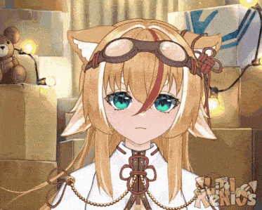 a girl with a fox ear and goggles stands in front of boxes