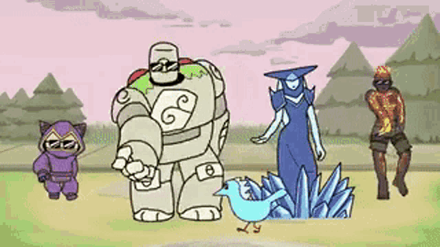 a group of cartoon characters standing next to each other in a park .