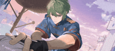 a man with green hair and a blue shirt is standing in front of a purple sky