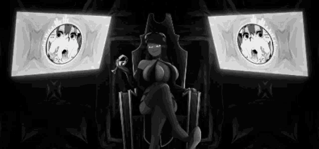 a black and white drawing of a woman sitting on a throne with two screens behind her .