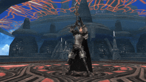 a man in armor is holding two swords over his head in a video game