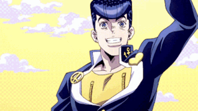 a cartoon character with a yellow shirt and a blue jacket is smiling with his arm in the air