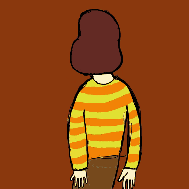 a drawing of a person wearing an orange and yellow striped sweater