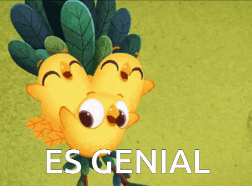 a cartoon of three yellow birds with the words es genial in white