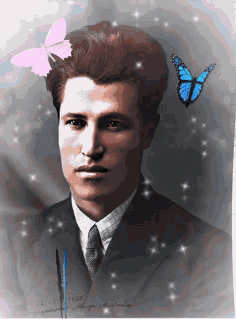 a man in a suit and tie is surrounded by pink butterflies and stars