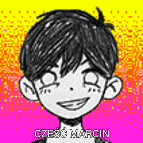 a black and white drawing of a boy with the name marcin on the bottom