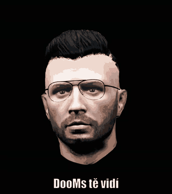 a picture of a man with glasses and the words dooms te vidi