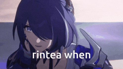 a purple haired anime girl with the words rintea when written below her