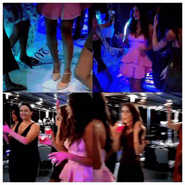 a woman in a pink dress is dancing at a party with other women