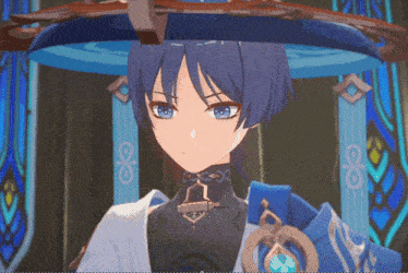 a blue haired anime character with a hat and a necklace with the letter r on it