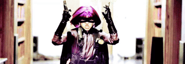 a girl with purple hair is holding two guns in a hallway