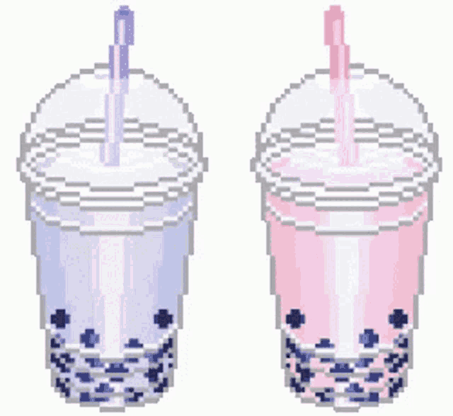 a pixel art illustration of two cups of bubble tea .
