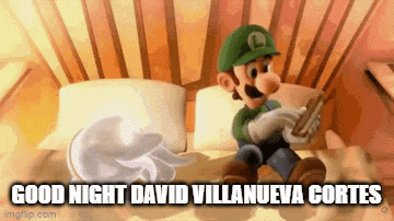 a cartoon character is sitting on a bed with the words `` good night david villanueva cortes '' below him .