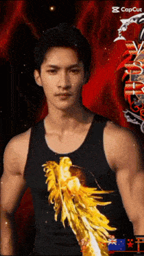 a man is wearing a black tank top with a golden phoenix on it