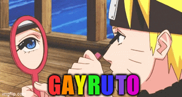a cartoon of a man applying makeup with the words gayruto in the background