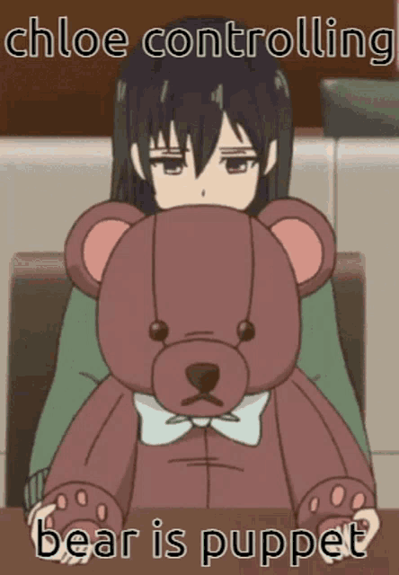 a cartoon of a girl holding a teddy bear with the words chloe controlling bear is puppet