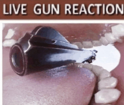 a picture of a gun in someone 's mouth with the words live gun reaction written above it