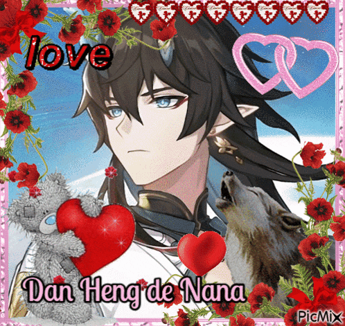 a picture of a boy holding a heart with the name dan heng de nana on it