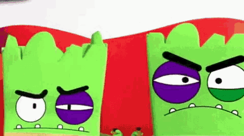 two green cartoon characters with purple eyes are standing next to each other and looking at each other .