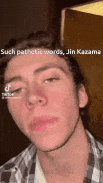 a young man with a plaid shirt has a red nose and a caption that says such pathetic words jin kazama