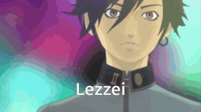 a close up of a person with the word lezzei on the bottom