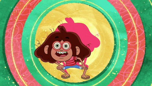a cartoon of a girl with braces on her teeth standing in a circle