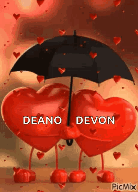 a couple of red hearts holding an umbrella with the name deano devon written on them .