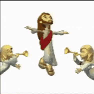 jesus is jumping in the air while two angels play trumpets .