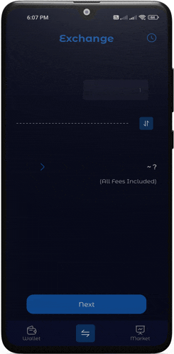 a phone screen shows the exchange page with the next button visible